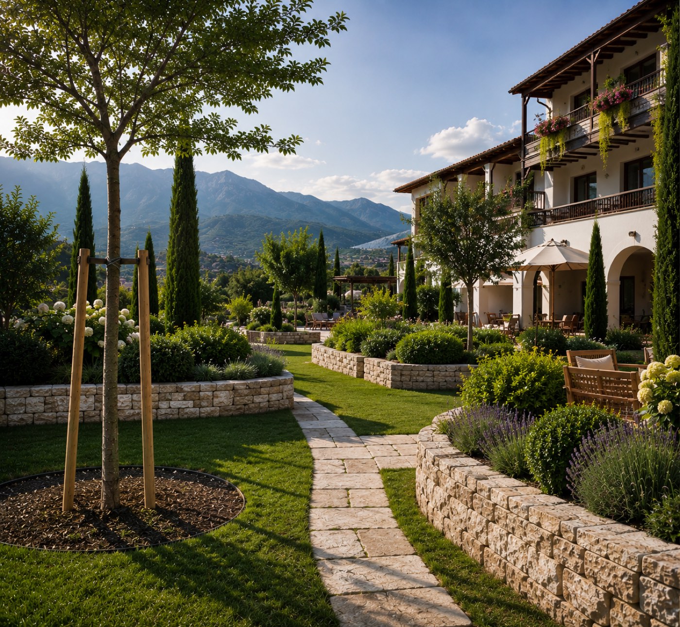 Hotel-Außenanlage mit Natursteinmauern, Lavendel, Zypressen und Bergpanorama