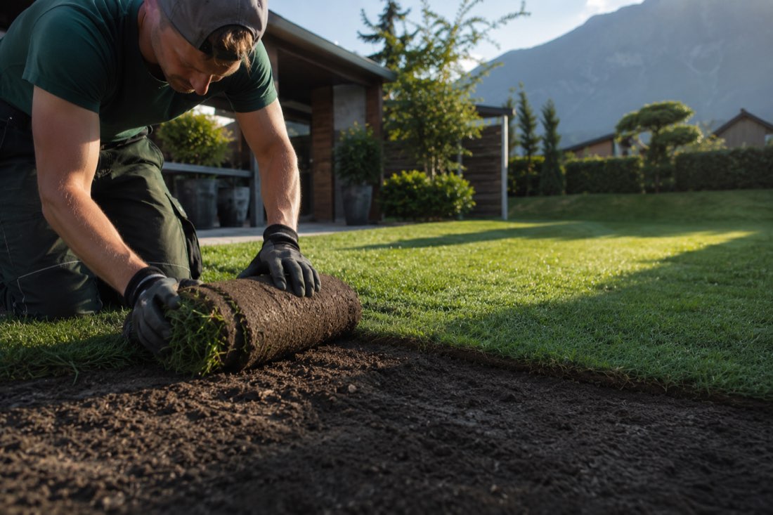 Gärtner verlegt frischen Rollrasen in einem alpinen Garten im Abendlicht