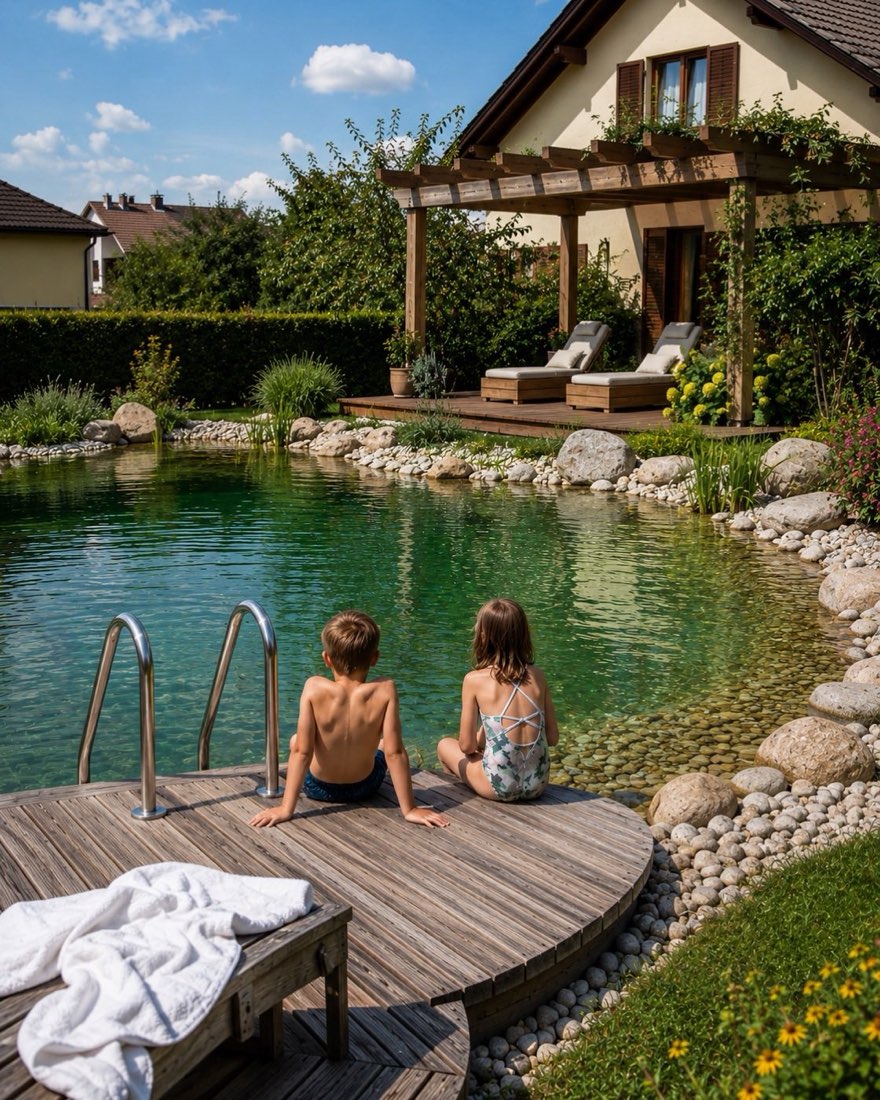 Kinder am Schwimmteich mit Holzdeck und Natursteinufer
