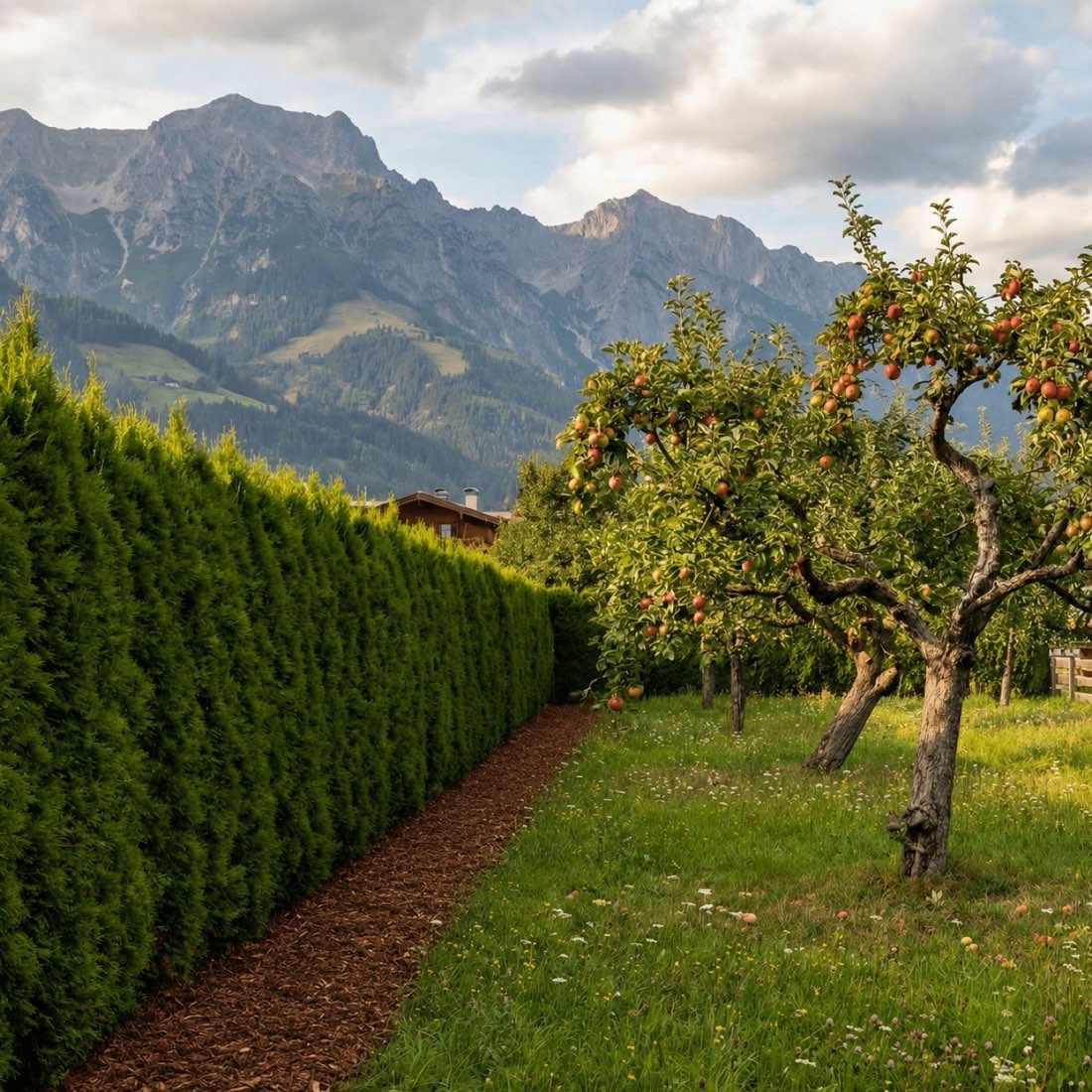 Thujen-Sichtschutz mit Obstbaum, Wiese und Bergpanorama