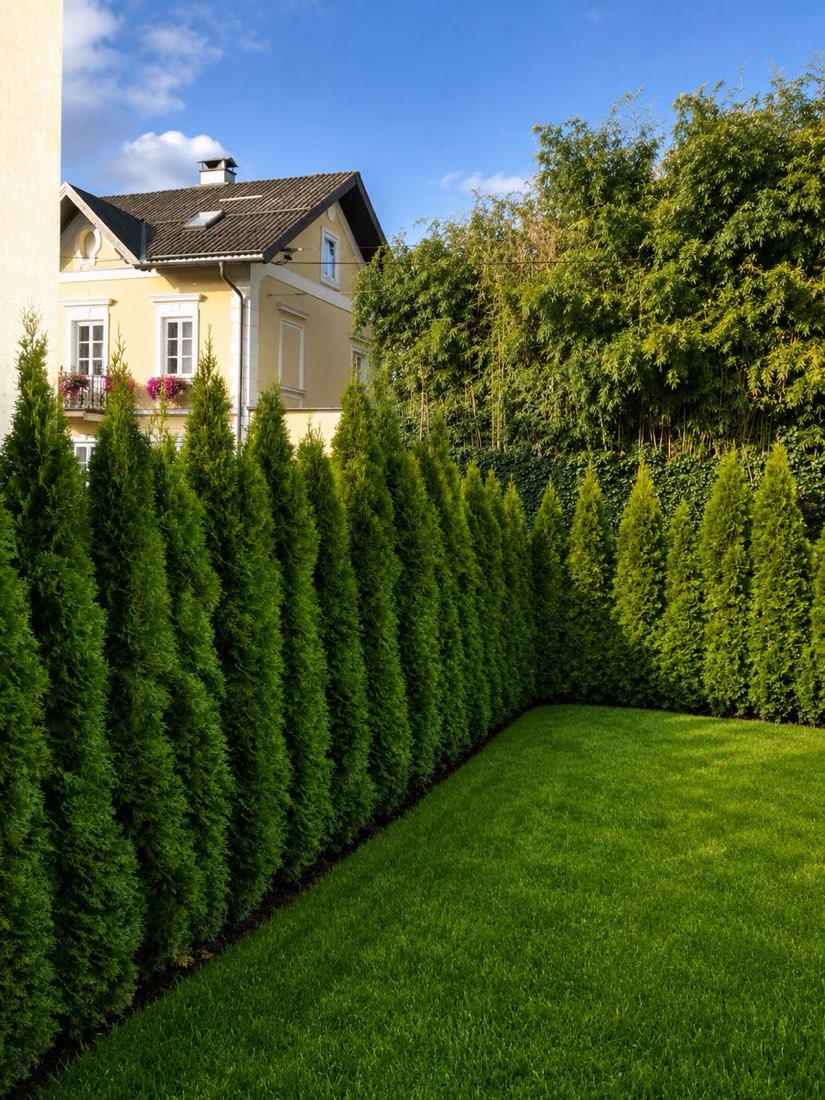 Blickdichte Thujen-Hecke neben sattgrünem Rasen