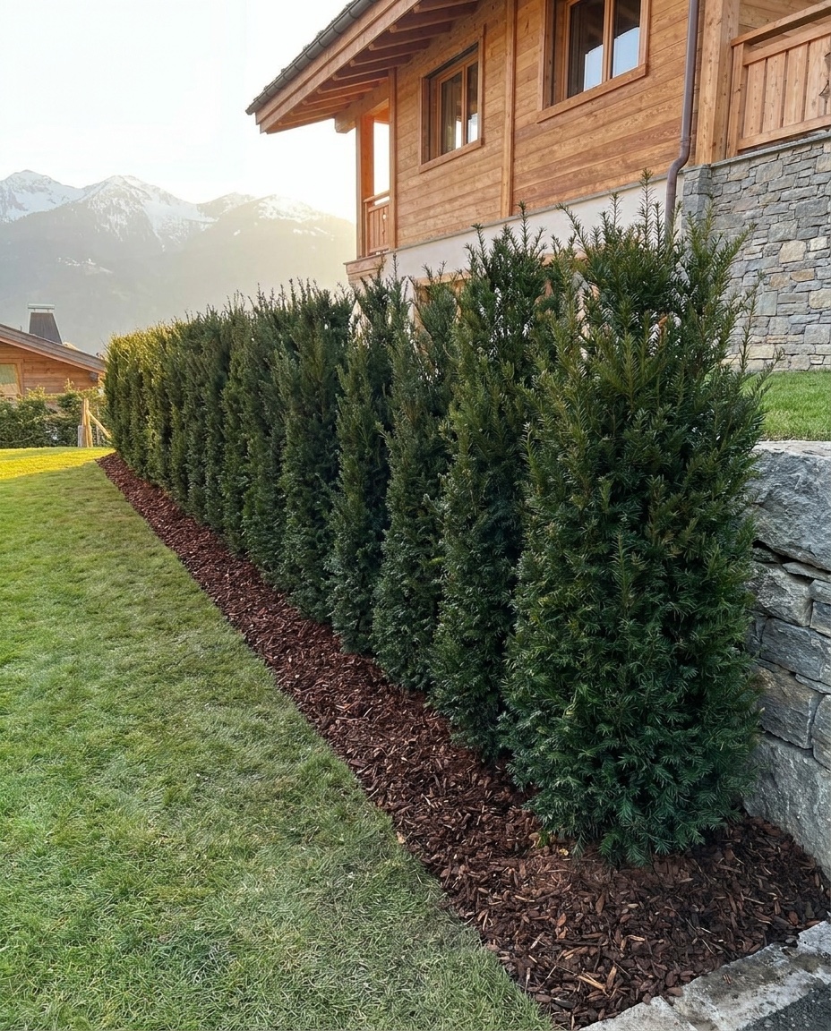 Blickdichte Eibenhecke (Taxus) entlang eines Chalets mit Bergpanorama