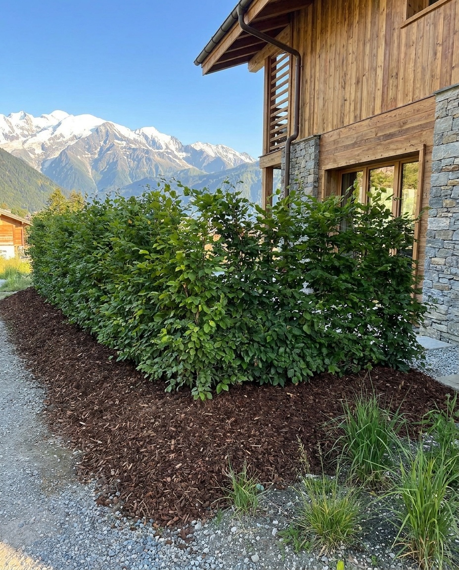 Hainbuchenhecke an einem Neubau mit Alpenkulisse