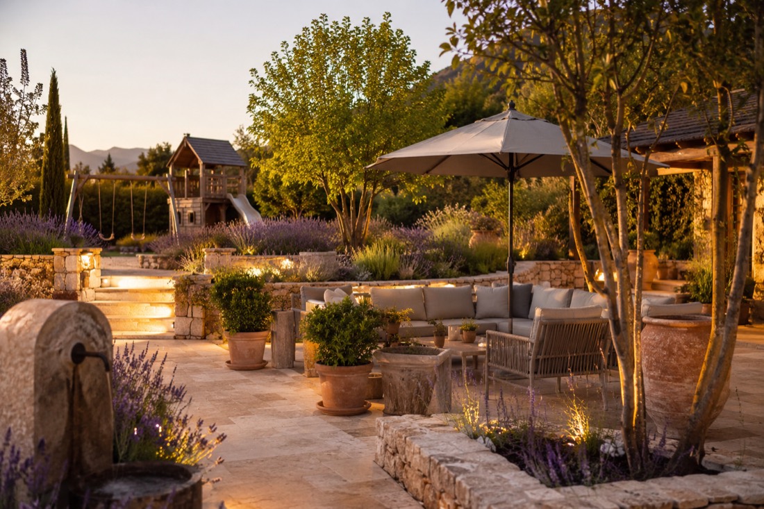 Mediterraner Garten mit Lavendel, Natursteinmauern und Terrakotta-Töpfen am Abend