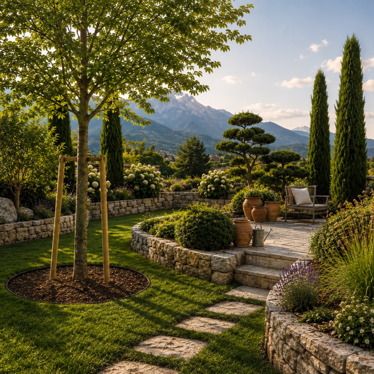 Derselbe Garten fertig umgesetzt — Natursteinmauern, Bonsai-Formgehölz, Stauden und Alpenpanorama